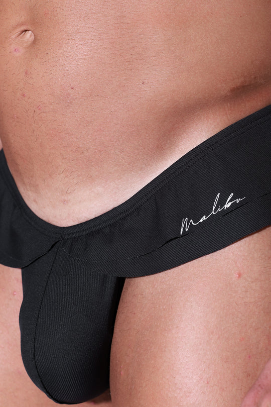 Ruffle-Trim Athletic Hybrid Swim Thong - Midnight Black