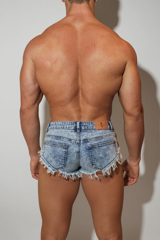 Acid Washed Distressed Booty Shorts  - Light Blue