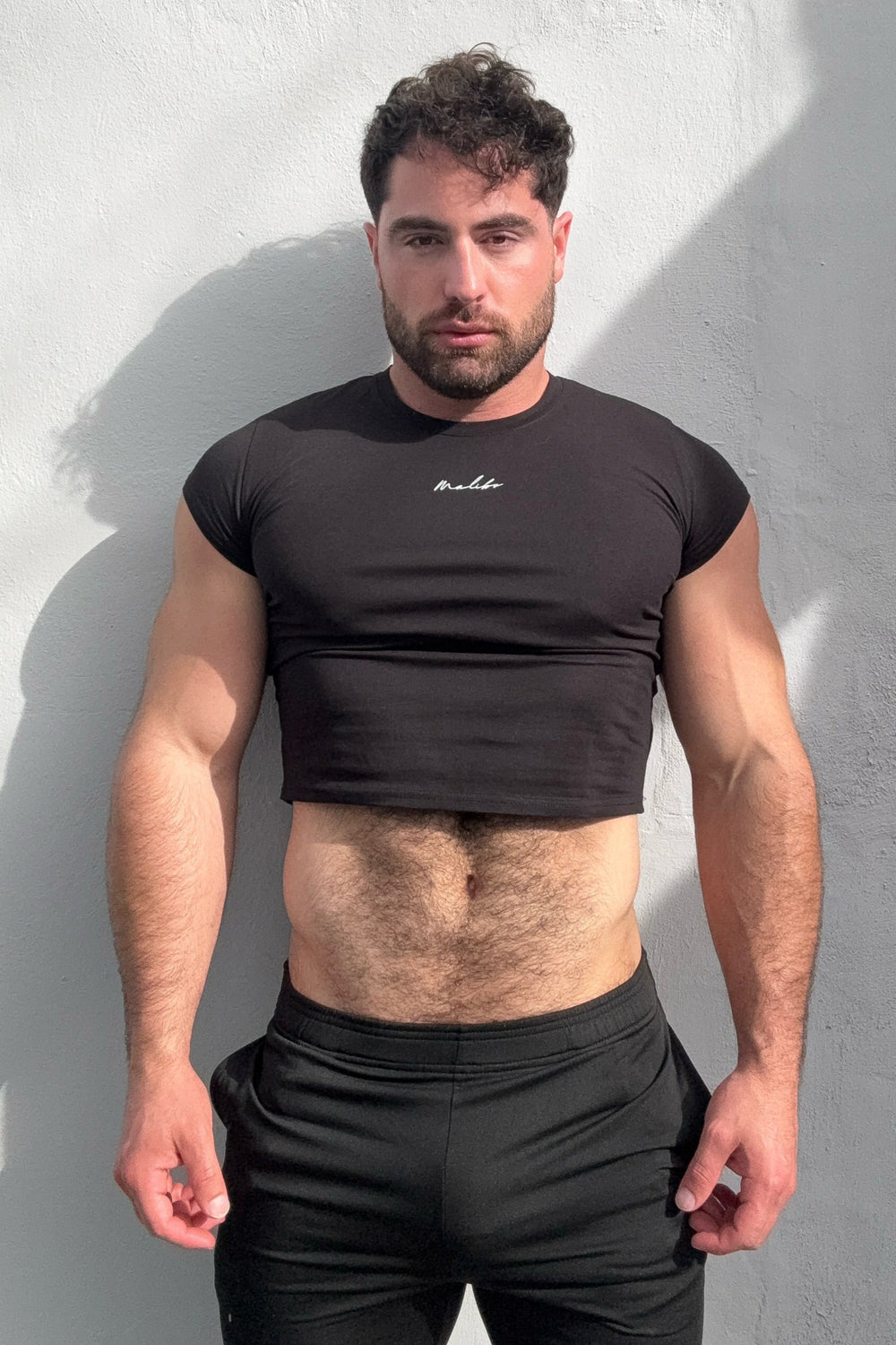 Muscle-Fit Crop Half-Sleeve Tee - Black